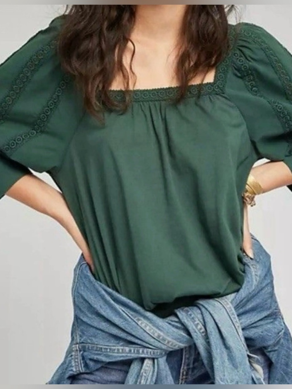 By Anthropologie Forest Green Boho Puff Sleeve Chela Lace Square Neck Blouse